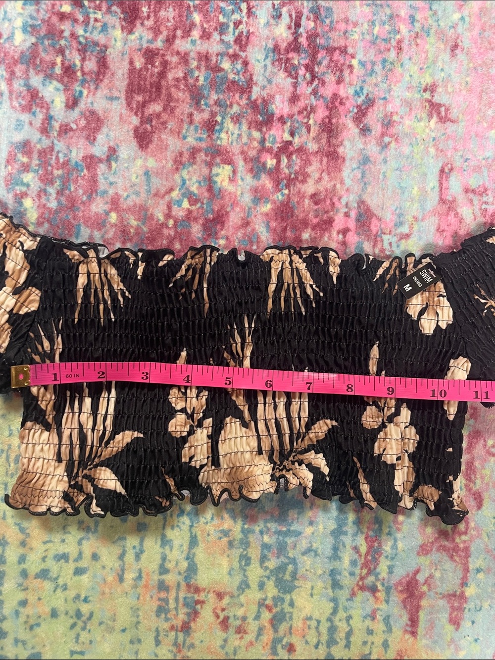 👙Victoria's Secret Black and Beige Floral Smocked Bikini Top - Picture 3 of 6